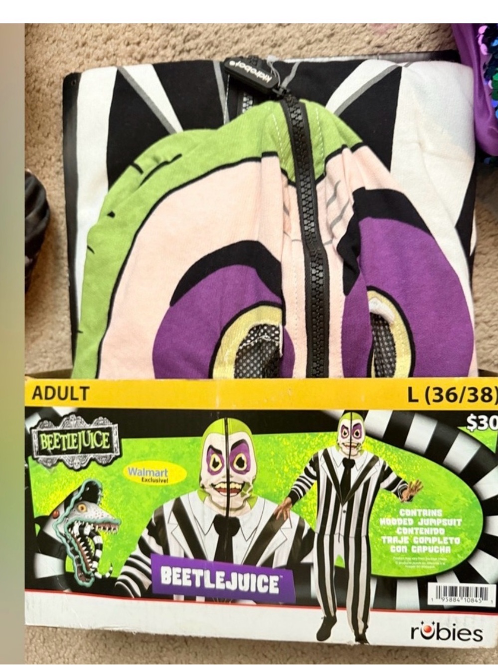 Beetlejuice Adult Black, White, Purple Hooded Jumpsuit Costume